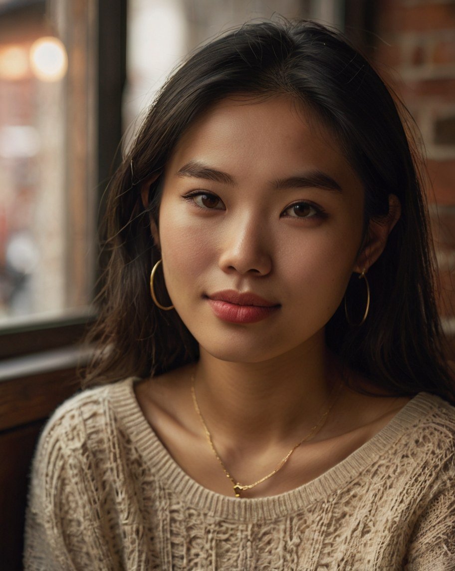 Mai in a cream knit sweater, gold hoops, in a café window's light