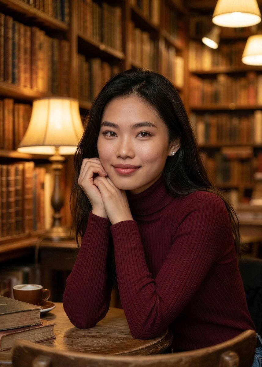 Mai at a table in a Paris bookshop café, chin resting on her hands