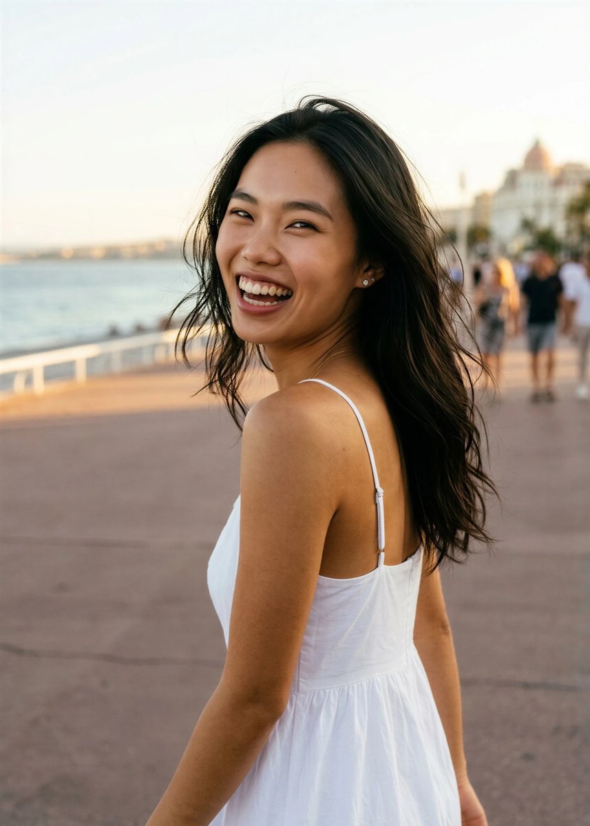 Mai laughing over her shoulder on the Nice promenade