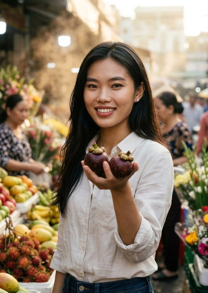 Mai at a Saigon morning market, offering mangosteens